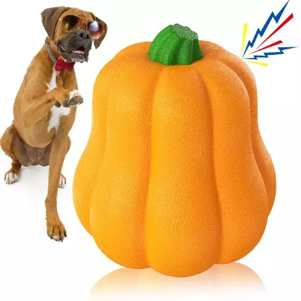 Pumpkin Fetch Dog Toy with Thrower Squeaky Chew Ball for Outdoor Retrieval